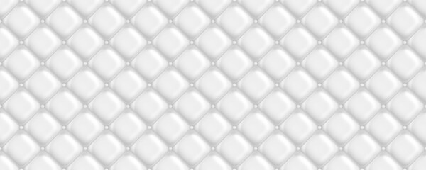 Seamless subtle white diamond tufted upholstery pattern transparent background texture overlay. Abstract soft puffy quilted sofa cushions or headboard displacement, bump or height map. 3D rendering.
