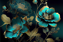 Bluish Green Luxurious Floral Pattern With Golden Details Ideal For Backgrounds, Generative AI