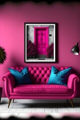 a chic and uncomplicated living space, vivid magenta in color, generative ai, and photorealistic in appearance to represent a painting hanging on the wall.