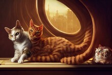 Renaissance Cats. [Digital Art Painting, Sci-Fi Fantasy Horror Background, Graphic Novel, Postcard, Or Product Image]. Generative AI