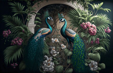 Tropical Rainforest With Peacock With Leaves, Flowers And Arch In The Background, 3D Rendering