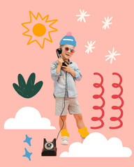 happy smiling boy, kid talking on retro phone. creative collage, artwork with drawings, doodles and 