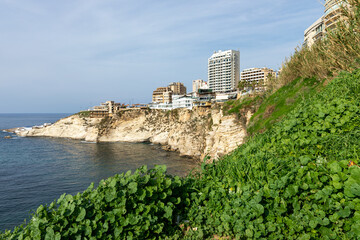 Wall Mural - Corniche Boulevard in the Raouche. Residential and Commercial Neighborhood in Beirut. Lebanon. Popular Tourist Destination in Beirut. 