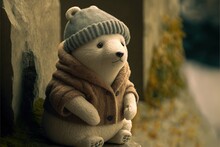  A Stuffed Bear Wearing A Hat And Scarf Sitting On A Ledge Next To A Building And Trees With Yellow Leaves On It And A Snow Covered Ground Behind It And A Small Tree With A.  Generative Ai