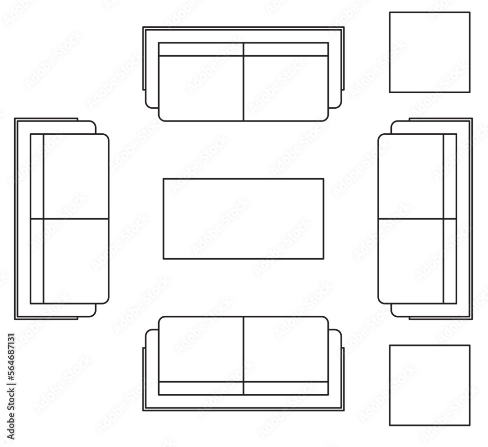 2D graphic drawing of the top view layout of the sofa set and its side furniture such as coffee table and side table. Drawing in black and white using CAD.