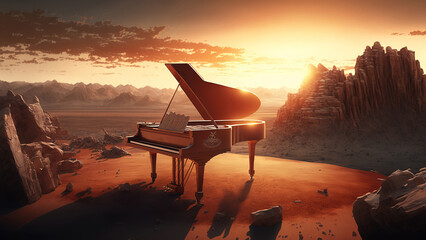 Wall Mural - Piano on a cliff watching in the sunset. Fantasy scenery. Generative AI	
