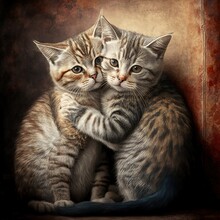  A Painting Of Two Cats Hugging Each Other On A Shelf With A Brown Background And A Red Wall Behind Them, With A Black Border And A Brown Border, And White Border, And.  Generative Ai