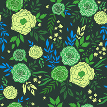 Seamless Pattern With Green Flowers And Leaves. Vector Graphics.