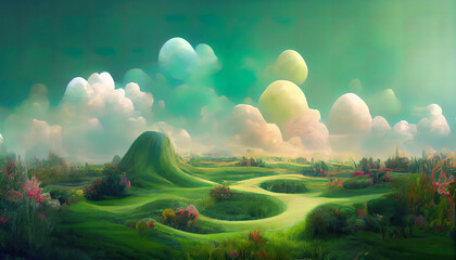 Wall Mural - Childhood fantasy world dream green landscape 3d with soft forms and pastel colors