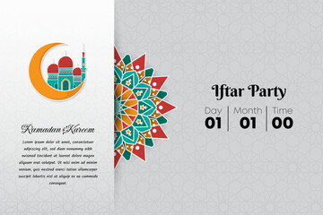 Wall Mural - White background design for iftar party of ramadan month with colorful mandala design