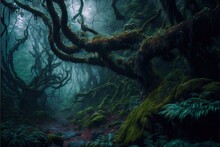  A Path In A Forest With Moss Growing On The Trees And Rocks On The Ground And A Path Leading To The Center Of The Forest With Moss Growing On The Ground, With A Trail.  Generative Ai