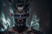  A Man With Blue Eyes And Horns On His Head With A Demon Like Face And Horns On His Head, With Red Eyes And Red Eyes, And A Black Body With Horns, And.  Generative Ai