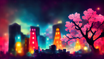 Poster - Fantasy night city Japanese landscape, neon light, residential buildings