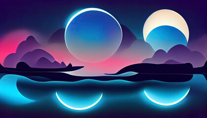 Poster - Futuristic night landscape with abstract landscape and island