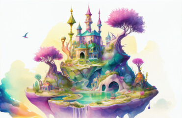 Wall Mural - Imaginative, colorful illustration of cute fantasy town, generative ai, digital art, isolated on white background