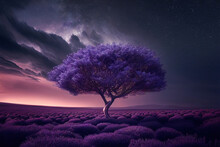 Tree In The Middle Of A Lavender Field. Generative AI