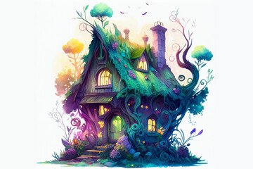Wall Mural - Imaginative, colorful illustration of cute fantasy cottage, generative ai, digital art, isolated on white background