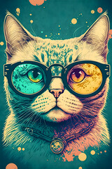  Vintage poster, Cat whit glasses illustration Generative AI
