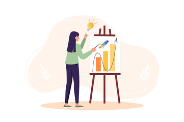 Aufkleber - Concept Startup with people scene in the flat cartoon design. Woman calculates the success and profitability of her startup on a whiteboard.