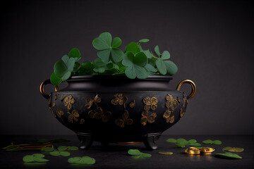 Pot of gold coins on St. Patrick's Day holiday, magic pot of green clover for good luck, Irish holiday tradition. Generative AI