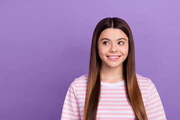 Canvas Print - Photo of adorable dreamy young lady wear striped pink white t-shirt looking empty space isolated violet color background