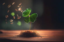 Four-leaf Green Clover For Good Luck On St. Patrick's Day, Nature Background, Clover Plant With Four Leaves Symbol Of Ireland Leprechaun. Generative AI