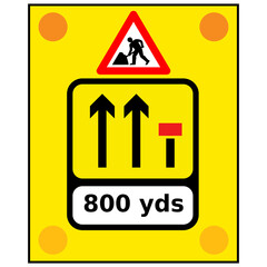 Vector graphic of a rectangular yellow sign warning of signs used on the back of slow-moving or stationary vehicles warning of a lane closed ahead by a works vehicle. There are no cones on the road.