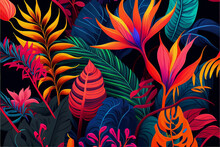 Drawing Of Palm Leaves And Flowers In A Modern Style, Tropical Print Pattern On A Black Background, Cod Art Botanical Design, Bright Colors. Generative AI
