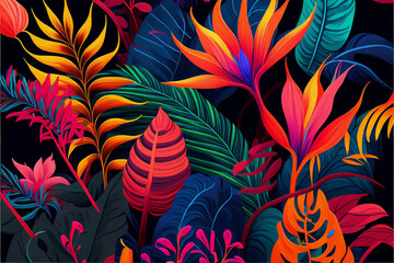 Drawing of palm leaves and flowers in a modern style, tropical print pattern on a black background, cod art botanical design, bright colors. Generative AI