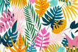 Drawing of palm leaves and flowers in a modern style, tropical print pattern on a white background, cod art botanical design, bright colors. Generative AI