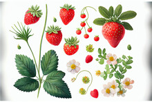 Watercolor Drawing Of Fresh Summer Strawberries With Flowers And Leaves, Organic Natural Berries, Space For Text, Hand Drawing. Generative AI