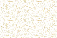 Seamless Easter Golden Pattern With Bunnies, Tulips, Snowdrops, Willow Catkins Branches And Eggs - Vector Illustration