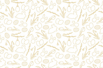 seamless easter golden pattern with bunnies, tulips, snowdrops, willow catkins branches and eggs - v