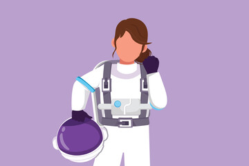 Wall Mural - Character flat drawing cute female astronaut holding helmet with celebrate gesture wearing spacesuit ready to explore outer space in search of mysteries of universe. Cartoon design vector illustration