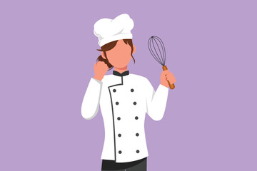 Wall Mural - Graphic flat design drawing female chef holding egg beater with celebrate gesture, tasting delicious cake. Wearing uniform ready to cook food for guest in restaurant. Cartoon style vector illustration
