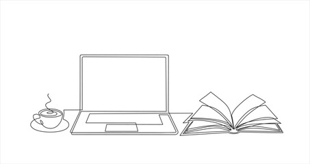 Poster - One continuous line drawing of computer laptop, book and a cup of coffee. Study space desk concept. Single line draw design vector illustration