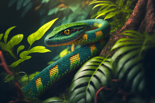 Illustration of a tropical rainforest with green snake. generative ai