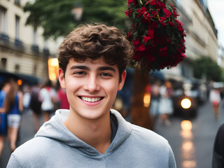 Wall Mural - Teenage happy smiling caucasian white boy man standing on city street background. Generative AI