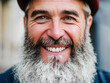 Smiling adult senior man with grey big huge beard. Face closeup portrait. Generative AI
