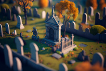 Cemetery With A Very Small Chapel Generated In Tilt Shift Effect, AI Generated