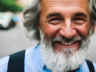 Wall Mural - Portrait of senior elder male man person with grey beard and blue shirt. Generative AI