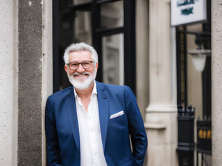 Wall Mural - Handsome senior businnesman in suit and shirt with glasses and grey hair. Portrait in on city background. Generative AI