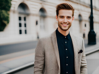 Wall Mural - Handsome young man in shirt and casual jacket on blurred city background. Generative AI