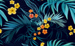 Tropical pattern with green monstera leaves and hibiscus flowers. Summer vector background or textile illustration.