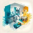 © PaputekWallArt - Sketch and Blueprint, bright interior of a new apartment, hand drawn illustration. Generative AI