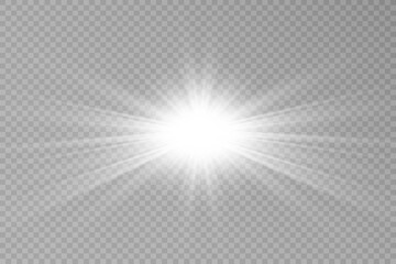 Special lens flash, light effect. The flash flashes rays and searchlight. illust.White glowing light. Beautiful star Light from the rays. The sun is backlit. Bright beautiful star. Sunlight. Glare.	