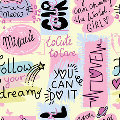 Wall Mural - Girls seamless pattern with calligraphic slogan, hearts, words  . background for texylie, graphic tees, kids wear. Wallpaper for teenager girls. Fashion style