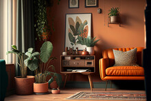 Beautiful Retro Living Room In Warm Caramel Autumn Colors, Interior Design Ideas, Home Decoration, Generative Ai
