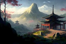 A Japanese Environment With Mountains In The Distance A Far Off Pagoda 