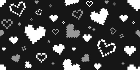 Poster - Geek hearts for Valentine's Day seamless pattern. Pixel hearts background in retro video game style. Vector template